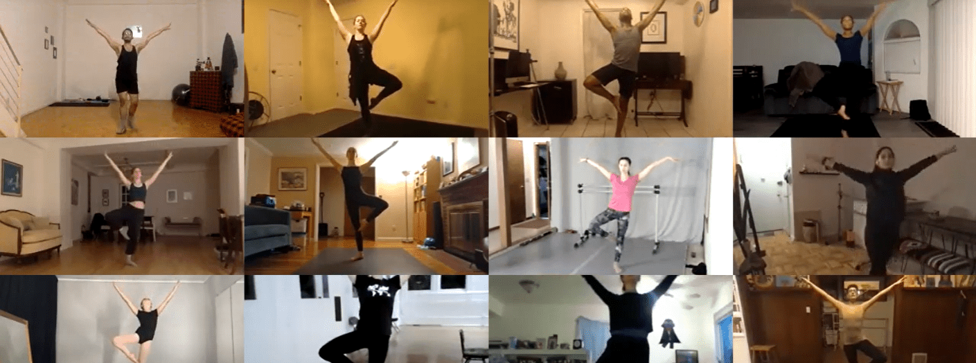 Zoom Compilation of Dancers in Victor Talledos's Horton Class in Passe with arms reaching on diagonals up to the ceiling