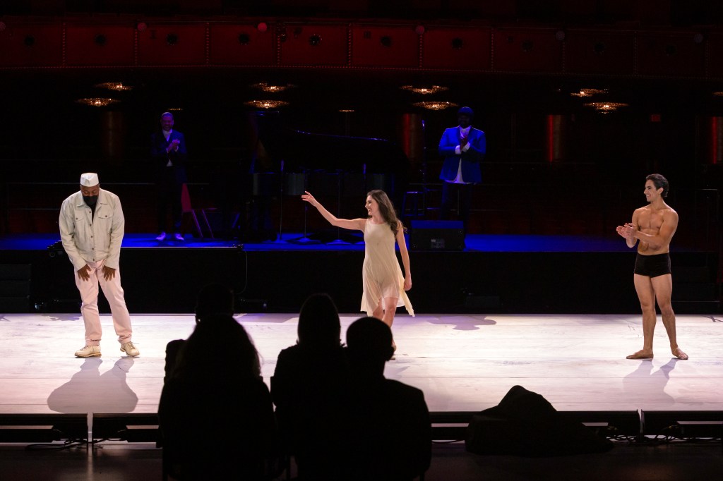 (L to R) Alonzo King, Jason Moran, Tiler Peck, Gregory Porter, and Roman Mejia during the final bows for "An Evening of Jazz and Dance" at The Kennedy Center.
