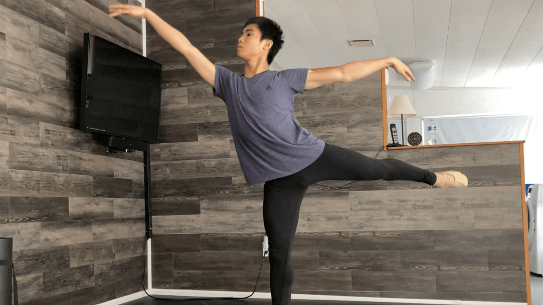 2021 Teens at LINES student Cardin Chung in arabesque in his home studio