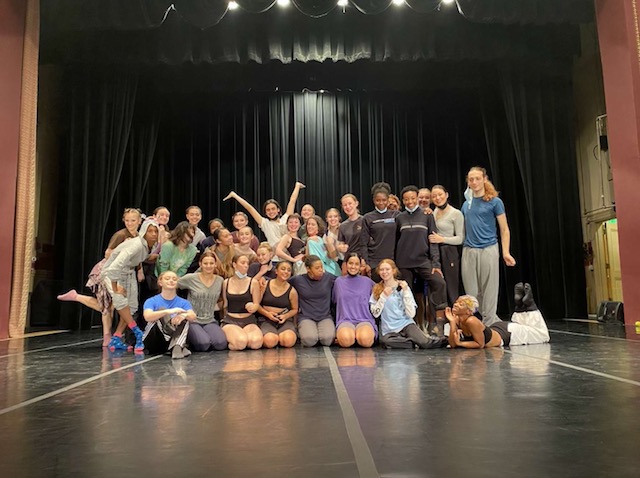 All of the BFA students gathered together on the Angelico Concert Hall stage, smiling before their 2021 Fall Showcase at Dominican University of California