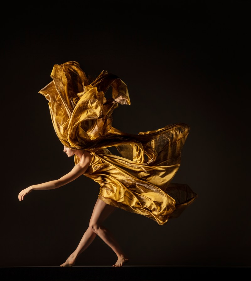 LINES Ballet company artist Maya Harr with arm floating out and one knee bent while a golden flowing dress wafts up in waves to cover half of the face
