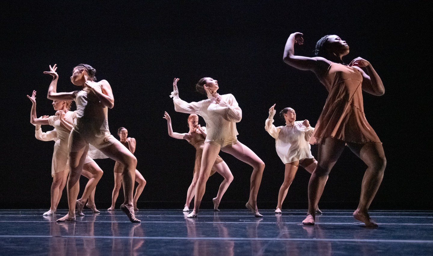 Dancer Tori Han and other LINES Ballet Summer Program students performing on stage in Gregory Dawson’s “Untwisting Metal”