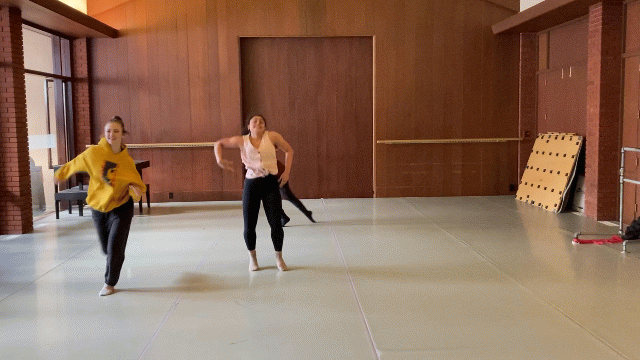 Amanda Harris, Brooke “Frank” Sinton, and Rowan Williams rehearsing Hannah Woolfenden's Senior Project on Dominican University of California's campus