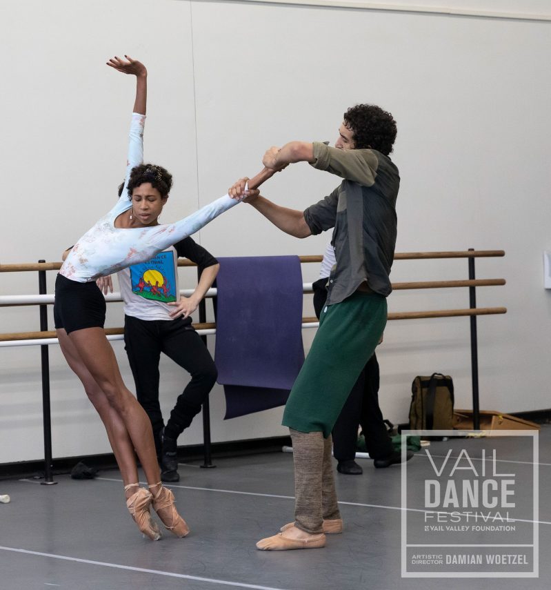 Alonzo King LINES Ballet dancers Adji Cissoko and Shuaib Elhassan partnering while rehearsing Alonzo King's "The Personal Element"