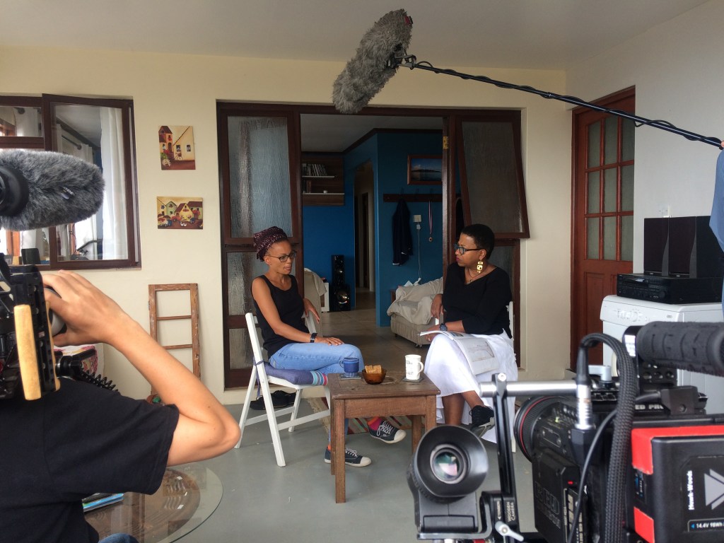 Peggy King Jorde and Annina van Neel in conversation during the documentary filming of "A Story of Bones," in St. Helena, UK, in 2018.