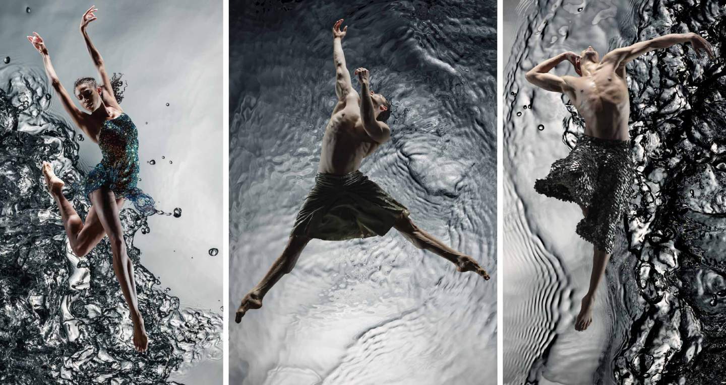 Collage of three company dancers: Adji Cissoko, Theo Duff-Grant, and Shuaib Elhassan jumping with abandon in shimmering costumes in front of a backdrop of rippling water